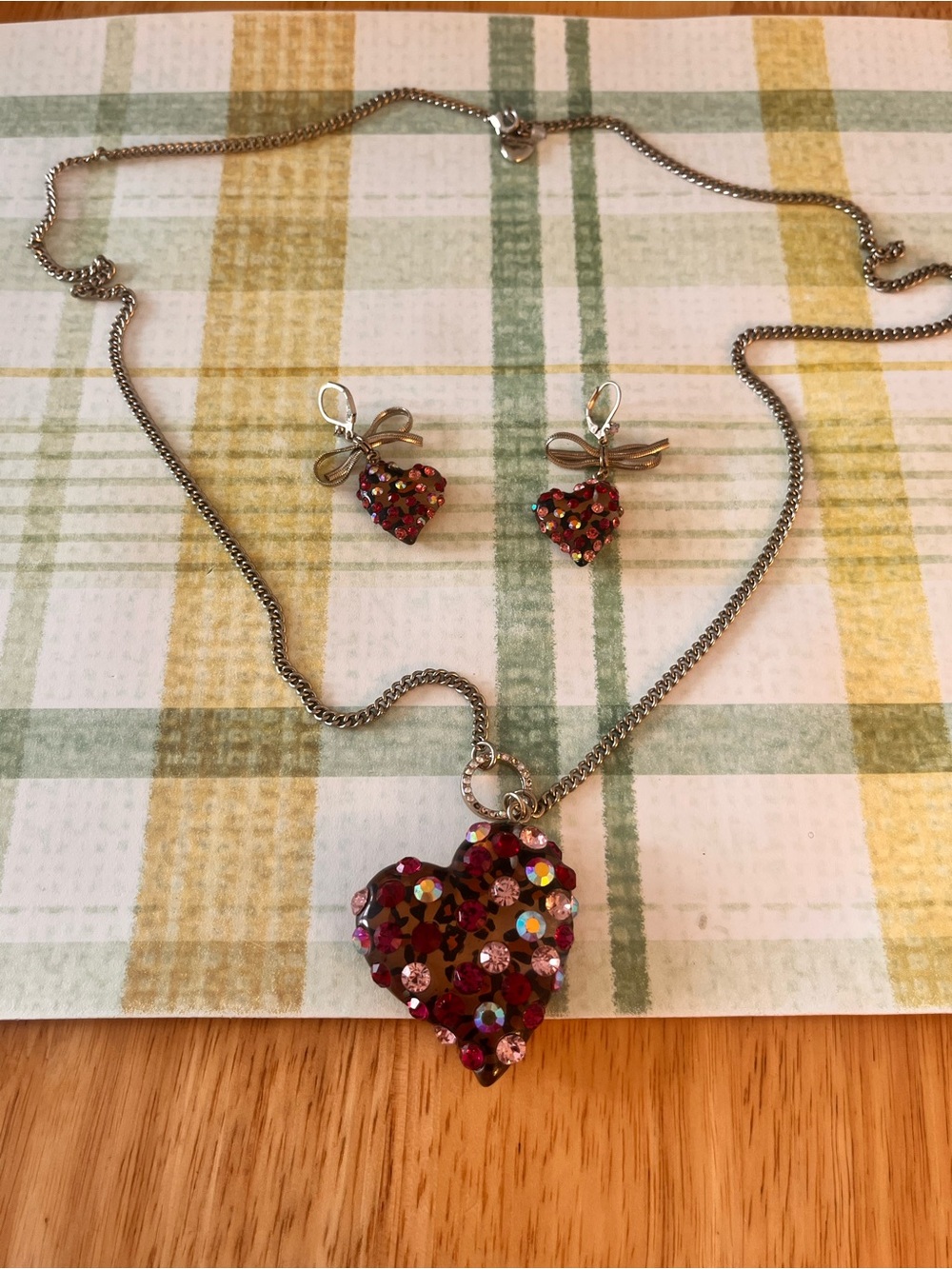 Betsey Johnson Vintage Leopard Pendant Necklace and Heart Stud Earring Set